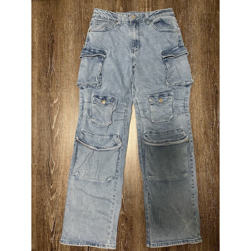 WFFS Cargo Jeans Women Size L Y2K Style Multi Pocket Light Wash